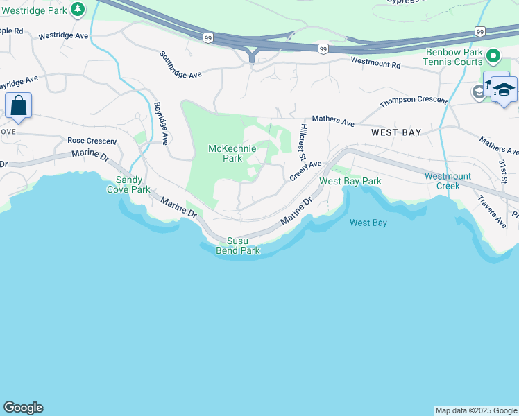 map of restaurants, bars, coffee shops, grocery stores, and more near 3654 Creery Avenue in West Vancouver