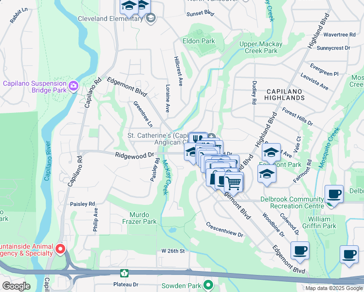 map of restaurants, bars, coffee shops, grocery stores, and more near 3365 Edgemont Boulevard in North Vancouver