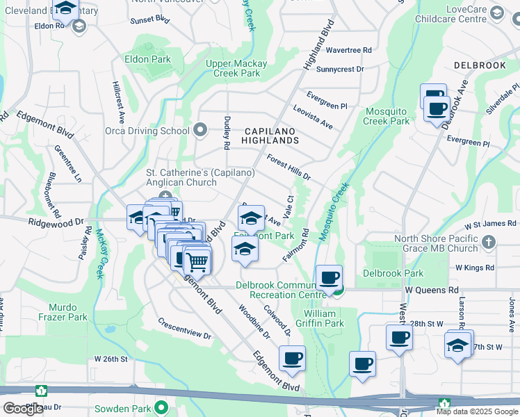 map of restaurants, bars, coffee shops, grocery stores, and more near 956 Belmont Avenue in North Vancouver