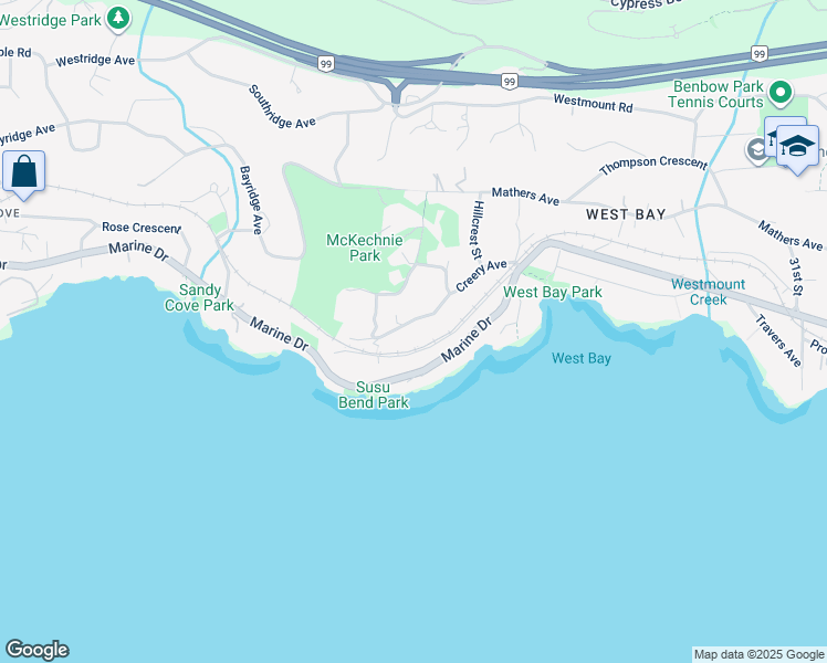 map of restaurants, bars, coffee shops, grocery stores, and more near 3654 Creery Avenue in West Vancouver