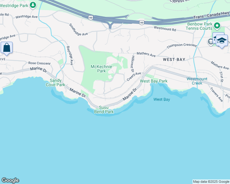 map of restaurants, bars, coffee shops, grocery stores, and more near 3654 Creery Avenue in West Vancouver