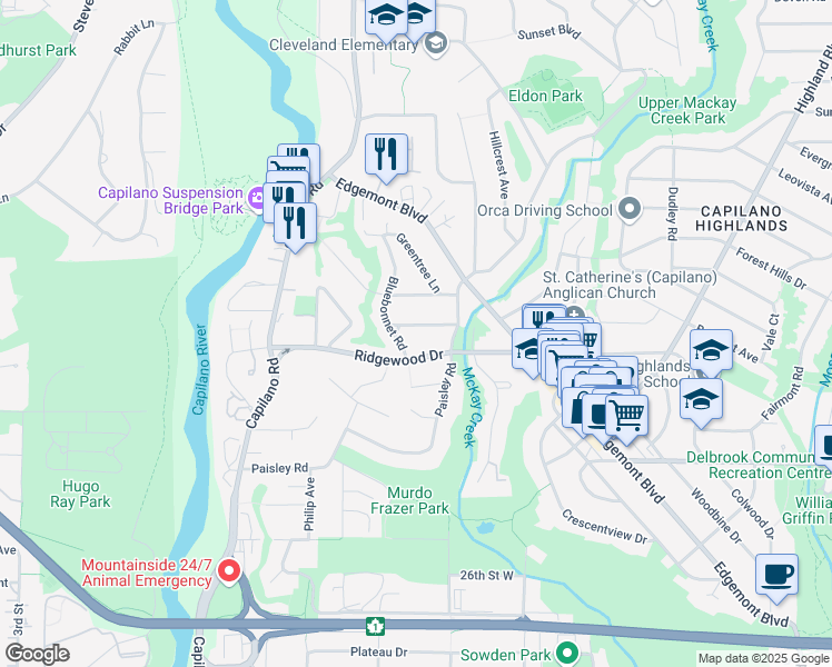 map of restaurants, bars, coffee shops, grocery stores, and more near 1275 Bedford Court in North Vancouver