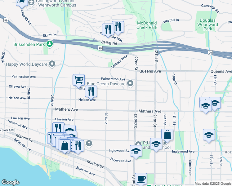 map of restaurants, bars, coffee shops, grocery stores, and more near 2272 Ottawa Avenue in West Vancouver