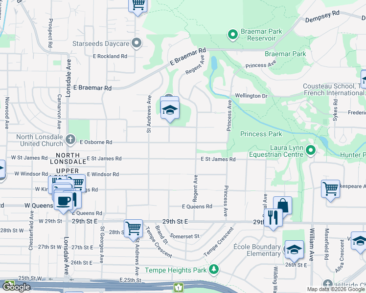 map of restaurants, bars, coffee shops, grocery stores, and more near 551 East Osborne Road in North Vancouver