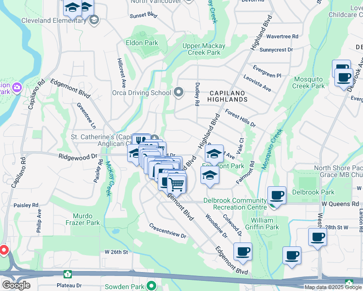 map of restaurants, bars, coffee shops, grocery stores, and more near 1023 Arlington Crescent in North Vancouver