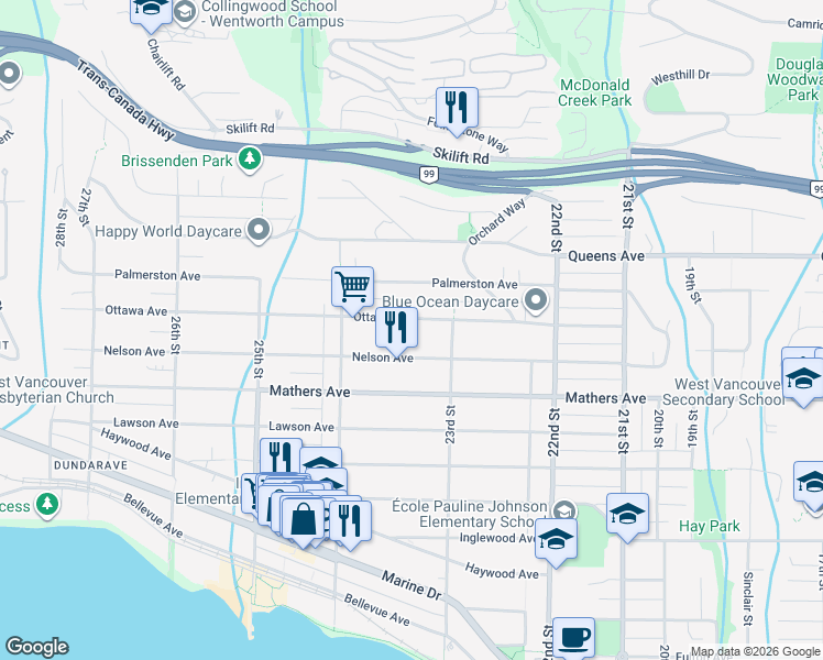 map of restaurants, bars, coffee shops, grocery stores, and more near 2348 Nelson Avenue in West Vancouver