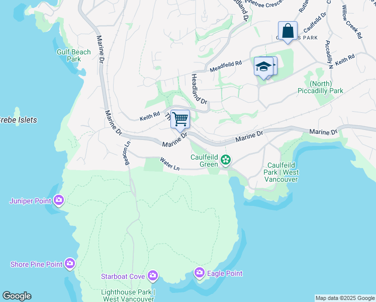 map of restaurants, bars, coffee shops, grocery stores, and more near 4860 The Dale in West Vancouver