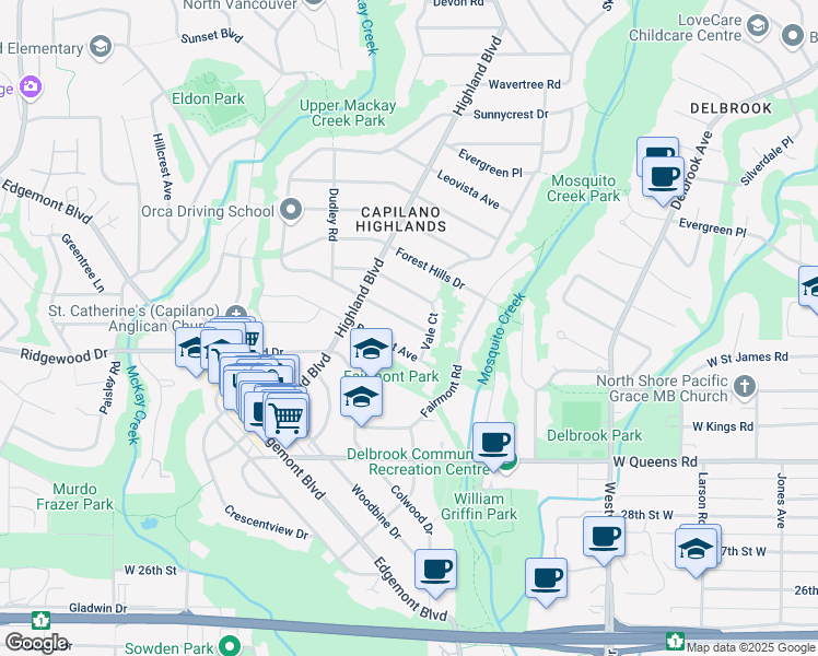 map of restaurants, bars, coffee shops, grocery stores, and more near 911 Kennedy Avenue in North Vancouver