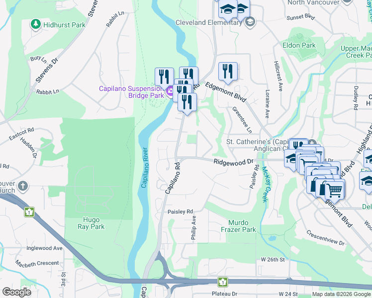 map of restaurants, bars, coffee shops, grocery stores, and more near 3300 Capilano Road in North Vancouver
