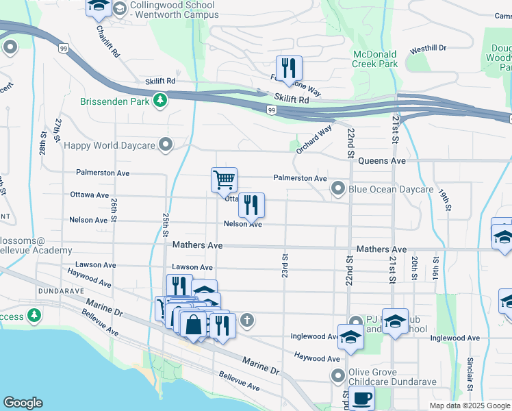 map of restaurants, bars, coffee shops, grocery stores, and more near 2344 Ottawa Avenue in West Vancouver