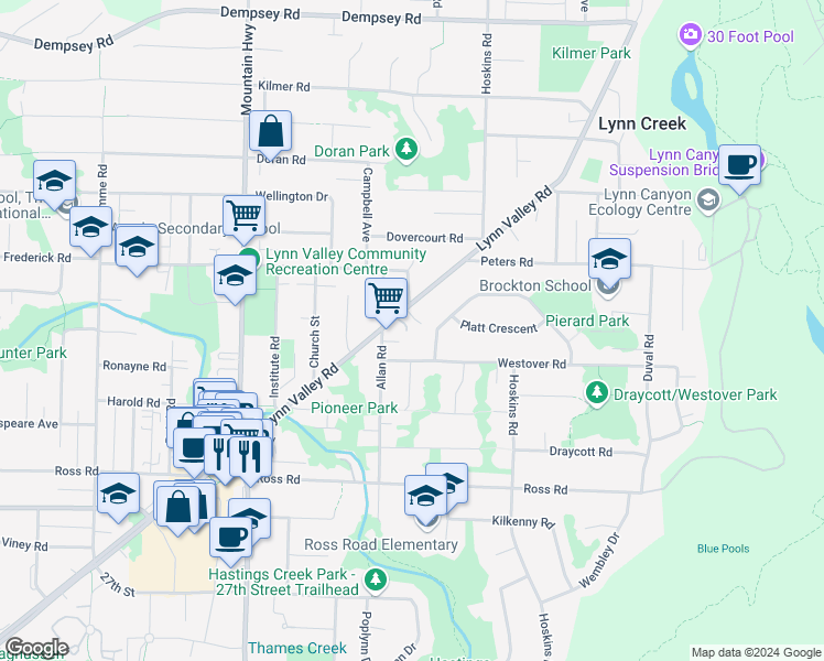 map of restaurants, bars, coffee shops, grocery stores, and more near 1511 Lynn Valley Road in North Vancouver