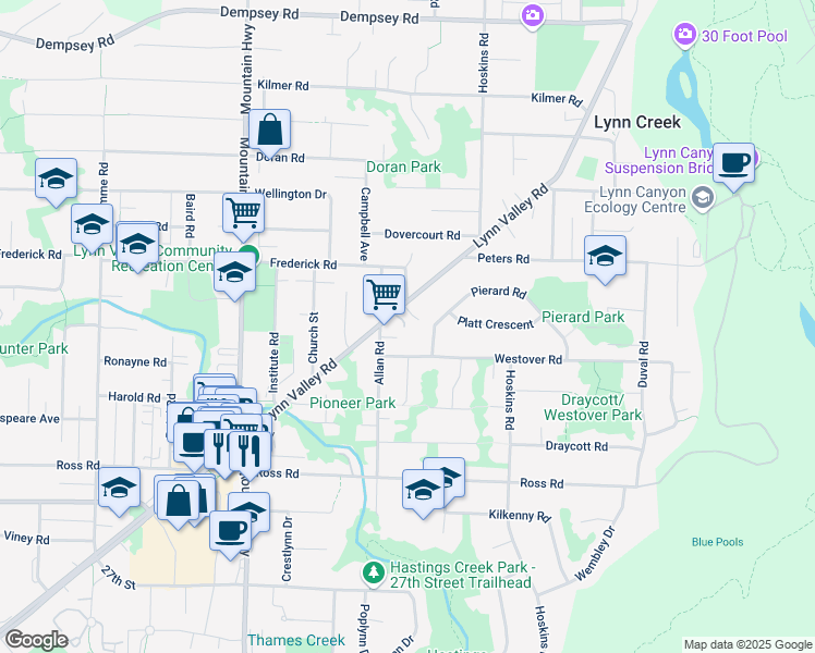 map of restaurants, bars, coffee shops, grocery stores, and more near 1511 Lynn Valley Road in North Vancouver