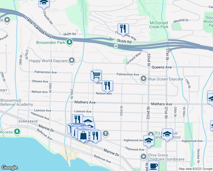 map of restaurants, bars, coffee shops, grocery stores, and more near 2356 Ottawa Avenue in West Vancouver