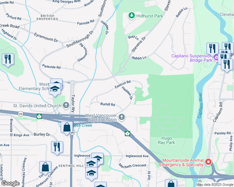 map of restaurants, bars, coffee shops, grocery stores, and more near 510 Eastcot Road in West Vancouver