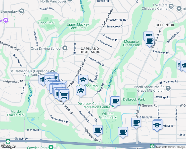 map of restaurants, bars, coffee shops, grocery stores, and more near 911 Kennedy Avenue in North Vancouver