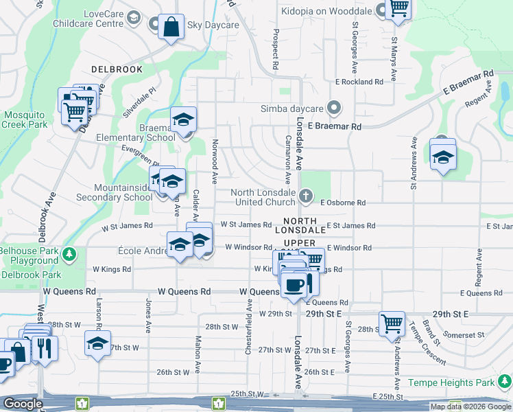 map of restaurants, bars, coffee shops, grocery stores, and more near 173 West Osborne Road in North Vancouver