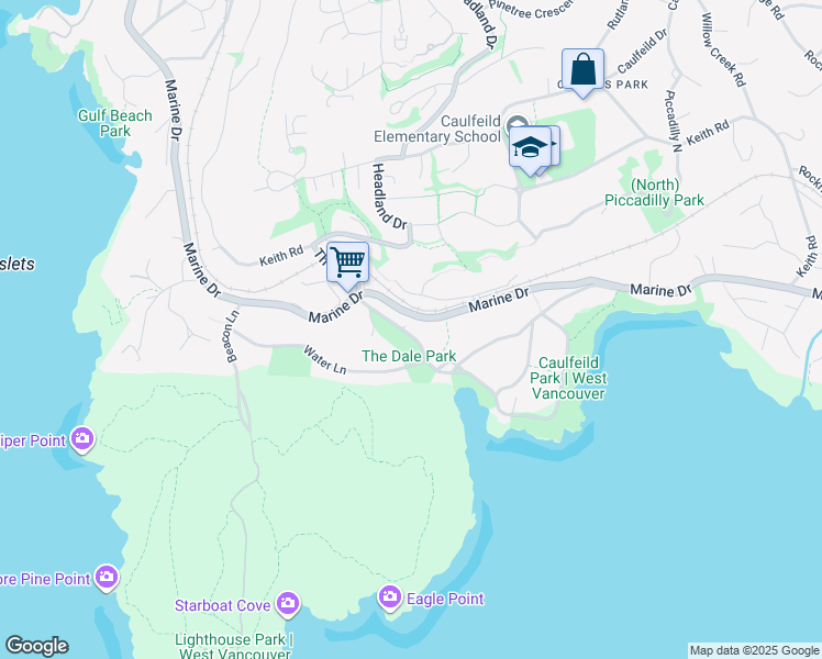 map of restaurants, bars, coffee shops, grocery stores, and more near 4841 The Dale in West Vancouver