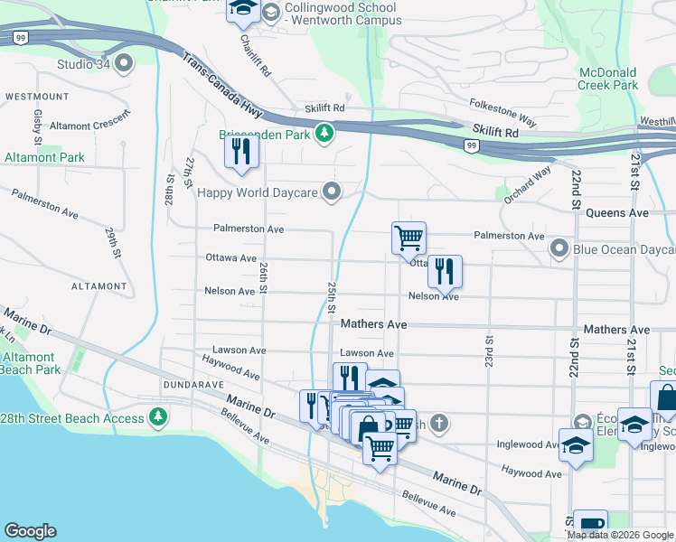 map of restaurants, bars, coffee shops, grocery stores, and more near 2496 Ottawa Avenue in West Vancouver