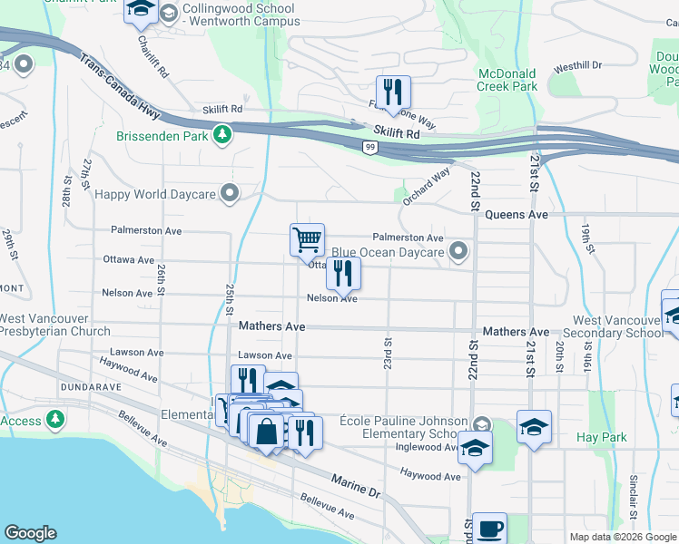 map of restaurants, bars, coffee shops, grocery stores, and more near 2356 Ottawa Avenue in West Vancouver