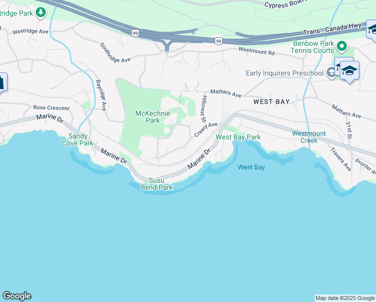 map of restaurants, bars, coffee shops, grocery stores, and more near 3602 Creery Avenue in West Vancouver