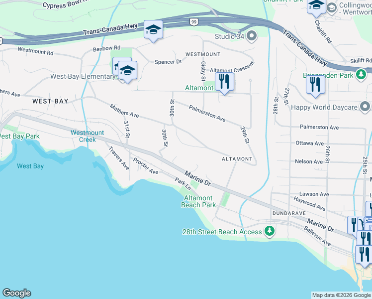map of restaurants, bars, coffee shops, grocery stores, and more near 2975 Marine Drive in West Vancouver