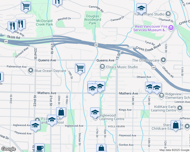map of restaurants, bars, coffee shops, grocery stores, and more near 1731 Ottawa Avenue in West Vancouver