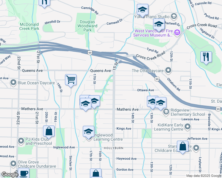map of restaurants, bars, coffee shops, grocery stores, and more near 1515 Ottawa Avenue in West Vancouver