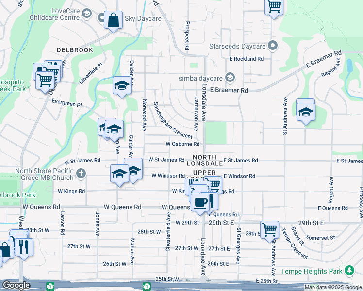 map of restaurants, bars, coffee shops, grocery stores, and more near 165 Osborne Road West in North Vancouver