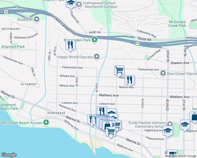 map of restaurants, bars, coffee shops, grocery stores, and more near 2496 Ottawa Avenue in West Vancouver