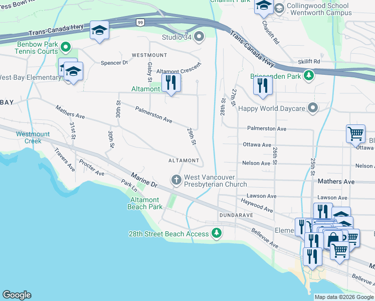 map of restaurants, bars, coffee shops, grocery stores, and more near 2919 Mathers Avenue in West Vancouver