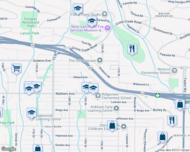 map of restaurants, bars, coffee shops, grocery stores, and more near 1249 Nepal Crescent in West Vancouver