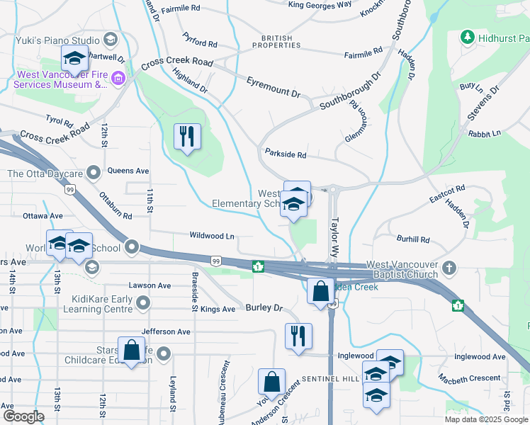 map of restaurants, bars, coffee shops, grocery stores, and more near 780 Westcot Place in West Vancouver