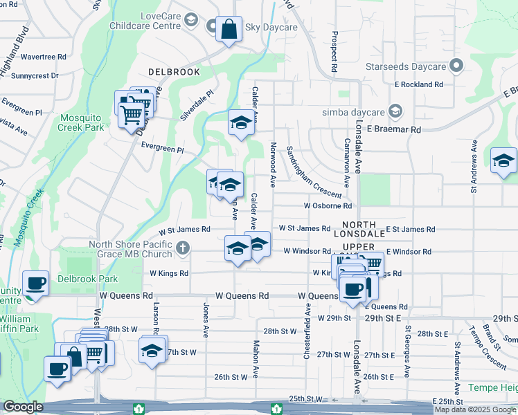 map of restaurants, bars, coffee shops, grocery stores, and more near 3368 Calder Avenue in North Vancouver