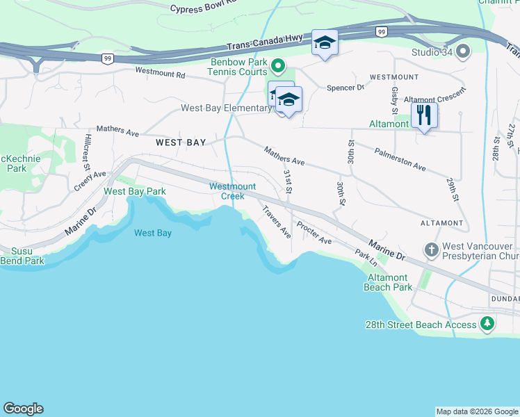 map of restaurants, bars, coffee shops, grocery stores, and more near 3180 Travers Avenue in West Vancouver