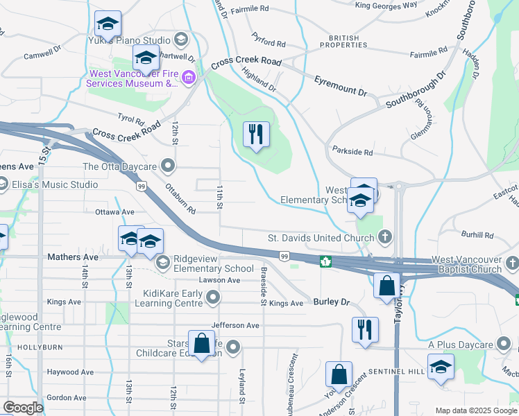 map of restaurants, bars, coffee shops, grocery stores, and more near 1030 Ottawa Avenue in West Vancouver