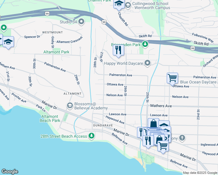 map of restaurants, bars, coffee shops, grocery stores, and more near 2678 Ottawa Avenue in West Vancouver