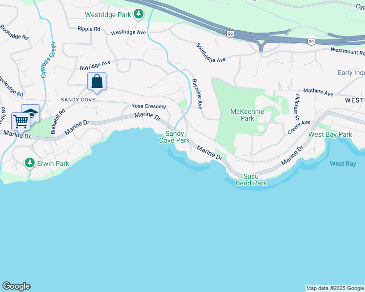 map of restaurants, bars, coffee shops, grocery stores, and more near 3912 Marine Drive in West Vancouver