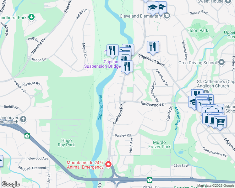 map of restaurants, bars, coffee shops, grocery stores, and more near 3399 Capilano Crescent in North Vancouver