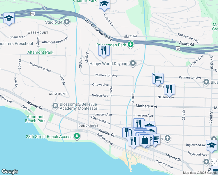 map of restaurants, bars, coffee shops, grocery stores, and more near 2602 Ottawa Avenue in West Vancouver