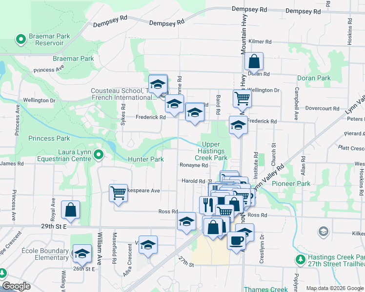 map of restaurants, bars, coffee shops, grocery stores, and more near 1118 Wendel Place in North Vancouver