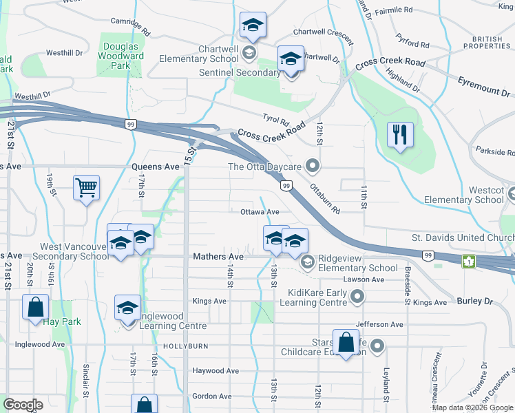map of restaurants, bars, coffee shops, grocery stores, and more near 1337 Ottawa Avenue in West Vancouver