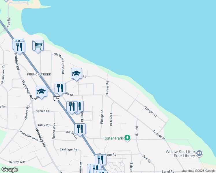 map of restaurants, bars, coffee shops, grocery stores, and more near 828 Sunray Road in Parksville