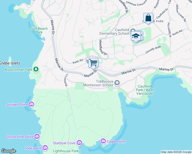 map of restaurants, bars, coffee shops, grocery stores, and more near in West Vancouver