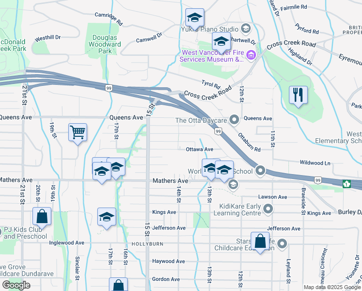 map of restaurants, bars, coffee shops, grocery stores, and more near 1395 Ottawa Avenue in West Vancouver