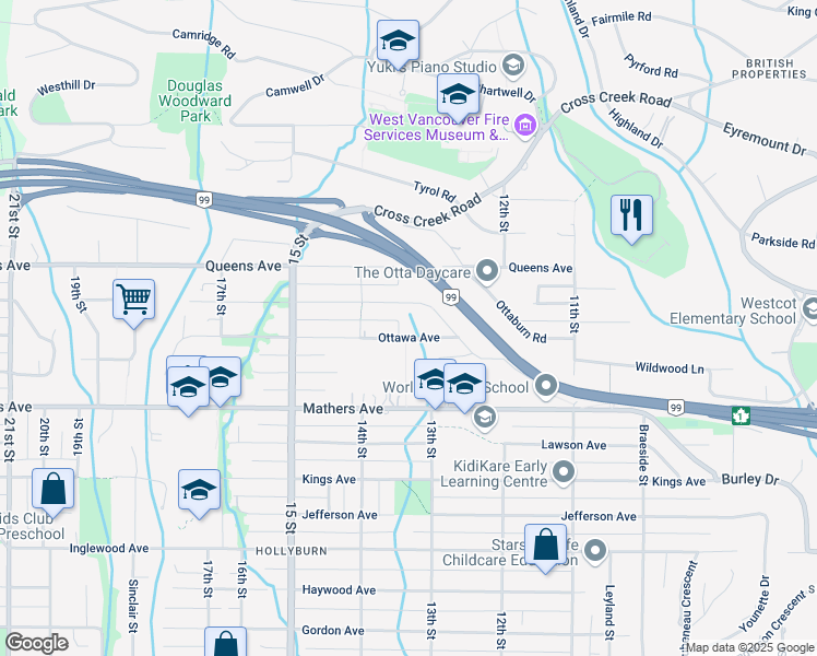 map of restaurants, bars, coffee shops, grocery stores, and more near 1337 Ottawa Avenue in West Vancouver