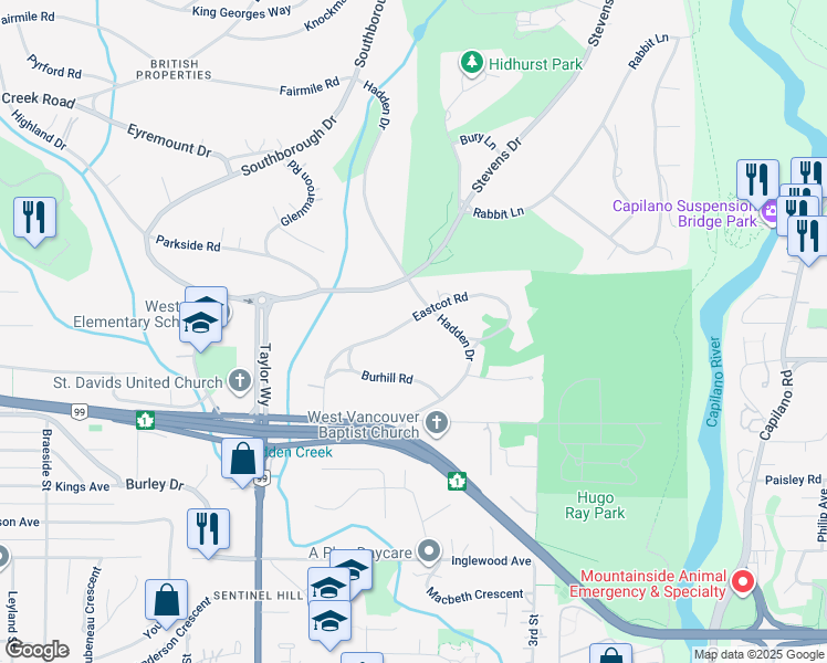 map of restaurants, bars, coffee shops, grocery stores, and more near 510 Eastcot Road in West Vancouver