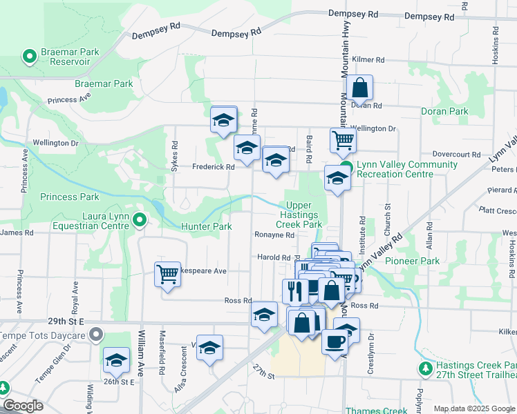 map of restaurants, bars, coffee shops, grocery stores, and more near 1118 Wendel Place in North Vancouver