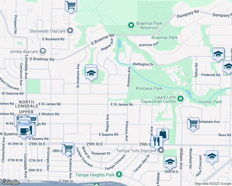 map of restaurants, bars, coffee shops, grocery stores, and more near 640 Osborne Road East in North Vancouver