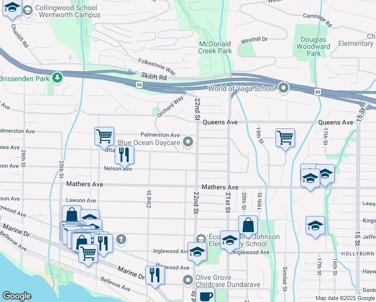 map of restaurants, bars, coffee shops, grocery stores, and more near 2221 Ottawa Avenue in West Vancouver