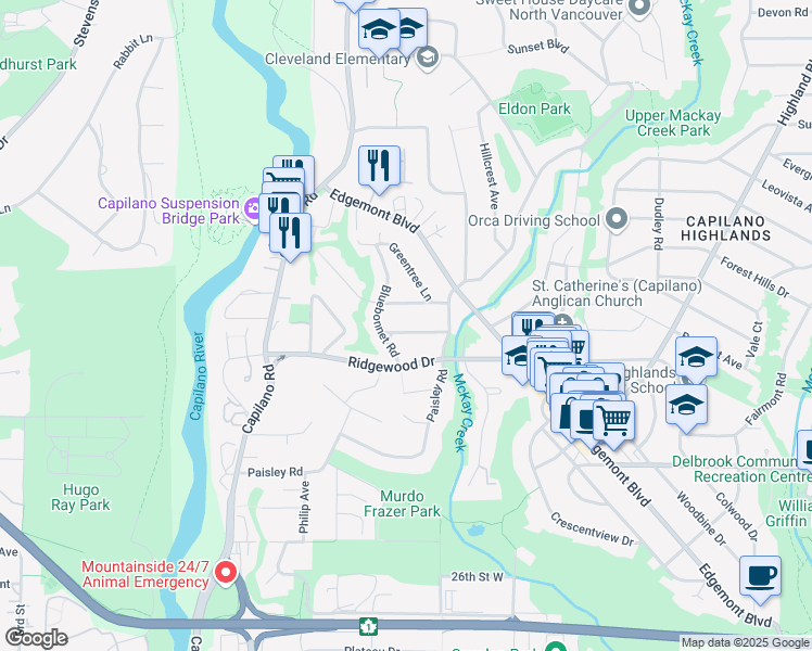 map of restaurants, bars, coffee shops, grocery stores, and more near 1262 Bedford Court in North Vancouver